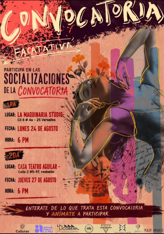 Invitación a la Escuela artística de Formación para la paz a partir de Septiembre. El día 24 de agosto hay una socialización acerca de la escuela para los participantes e interesados.